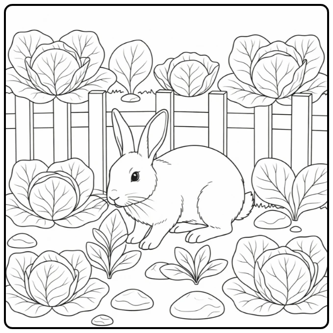 Realistic animal coloring page: rabbit nibbling by cabbage patch