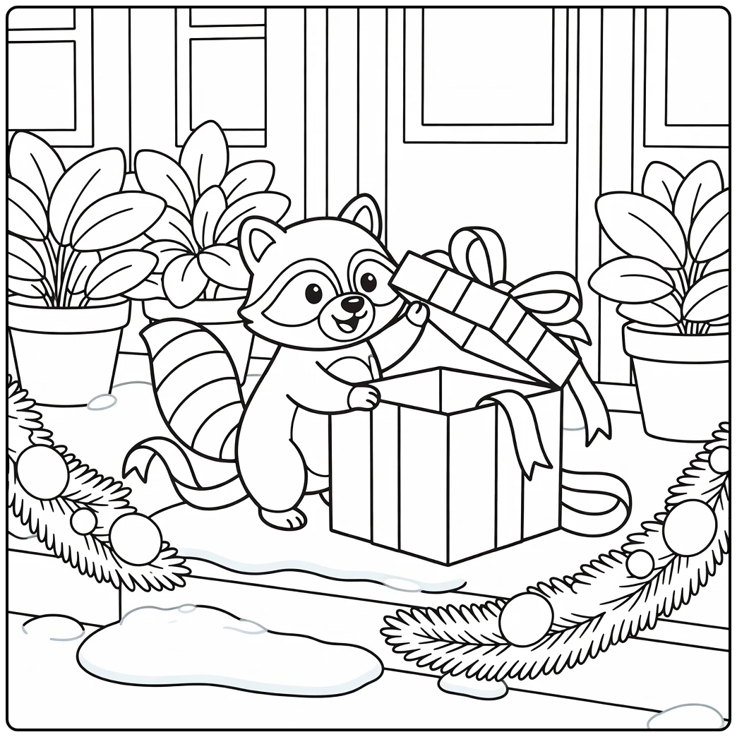 Christmas animal coloring page: raccoon lifts gift box lid on porch
