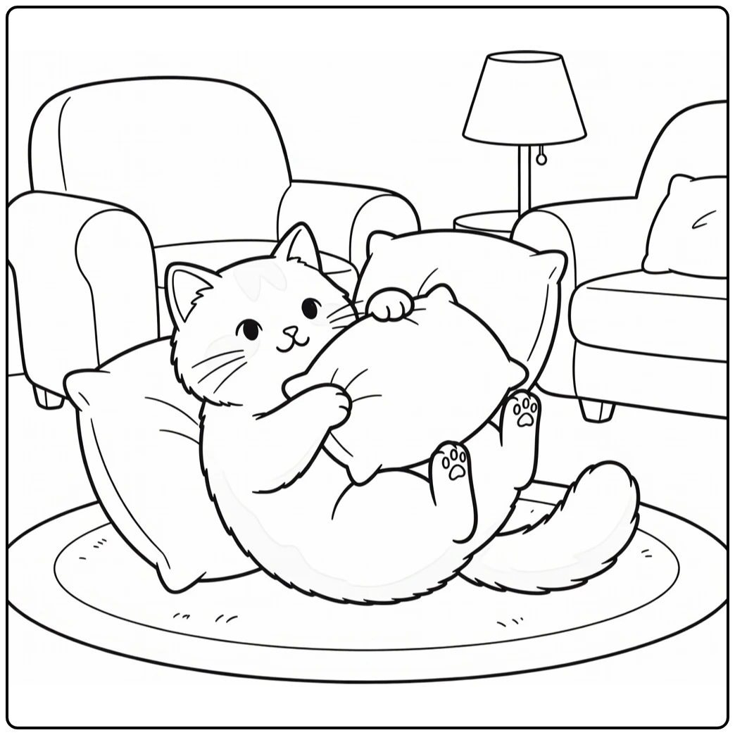 Ragdoll cat coloring pages: playful cat rolls on back hugging pillow