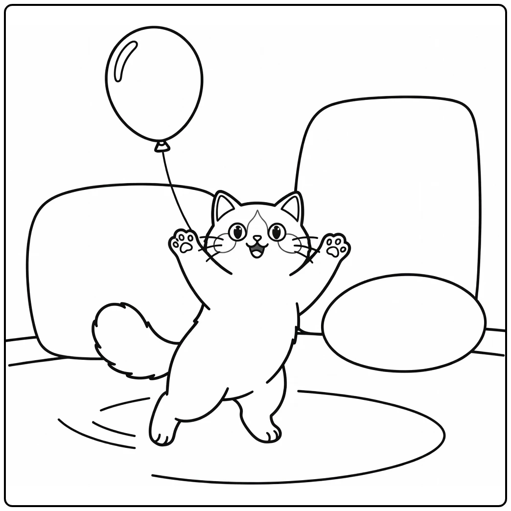 Ragdoll cat coloring pages: paws up chasing balloon