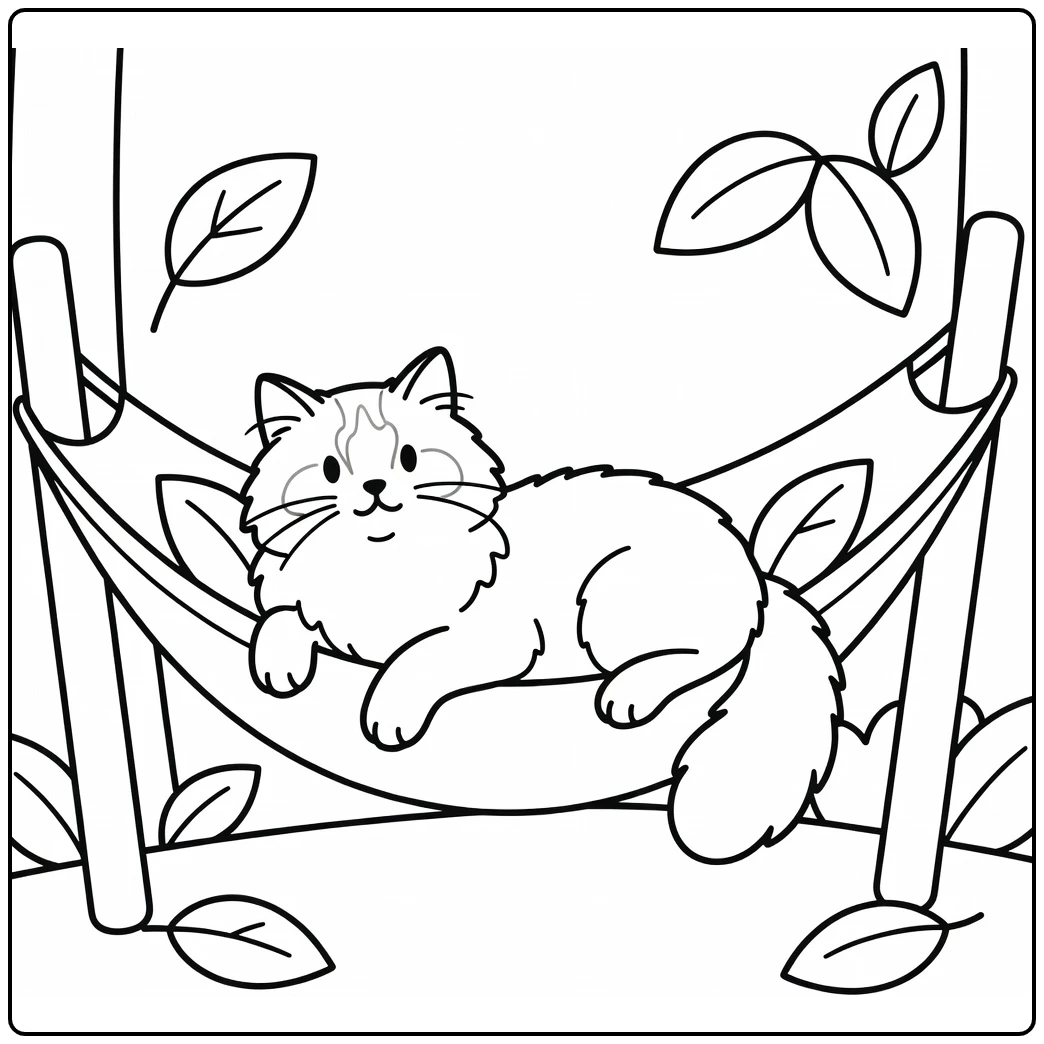 Ragdoll cat coloring pages: fluffy cat sprawled in hammock