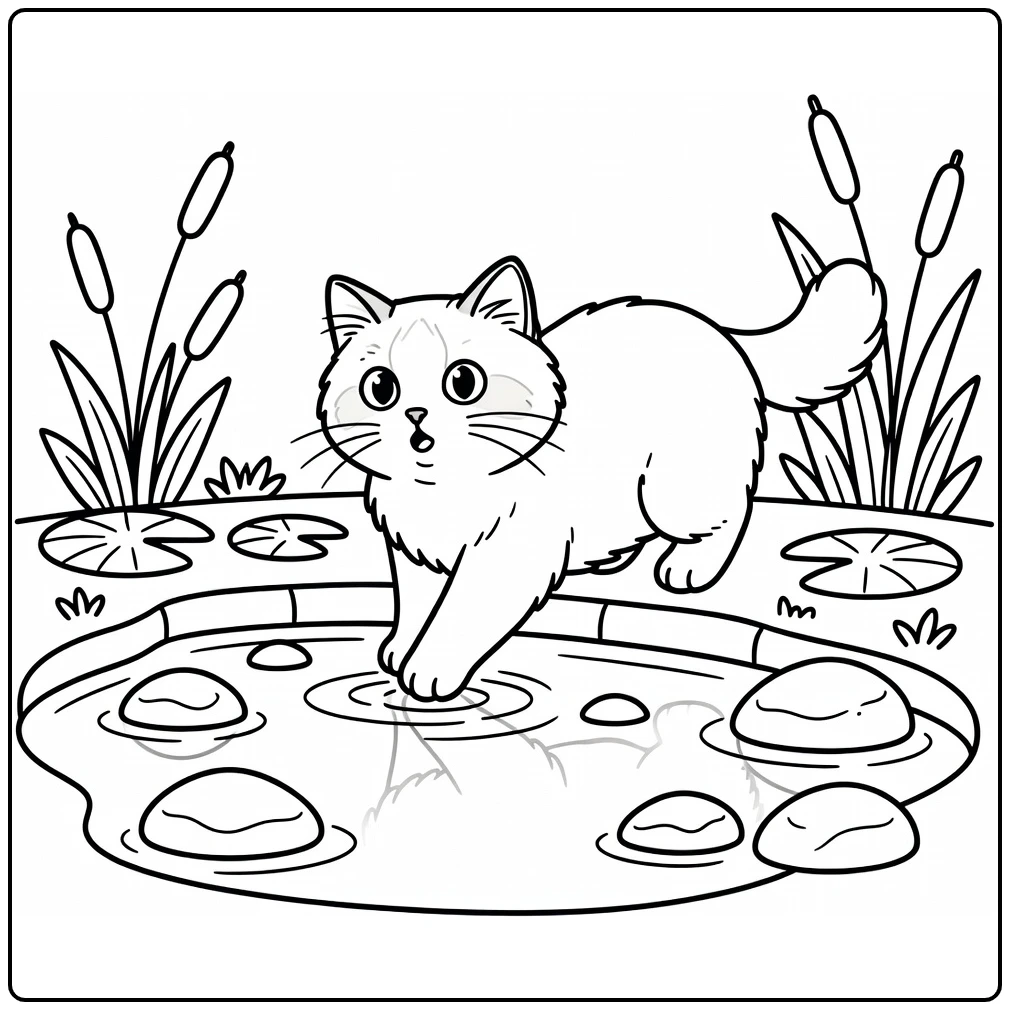 Ragdoll cat coloring pages: curious cat at rippling pond
