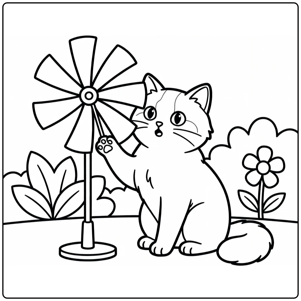 Ragdoll cat coloring pages: curious kitty paws at wind spinner