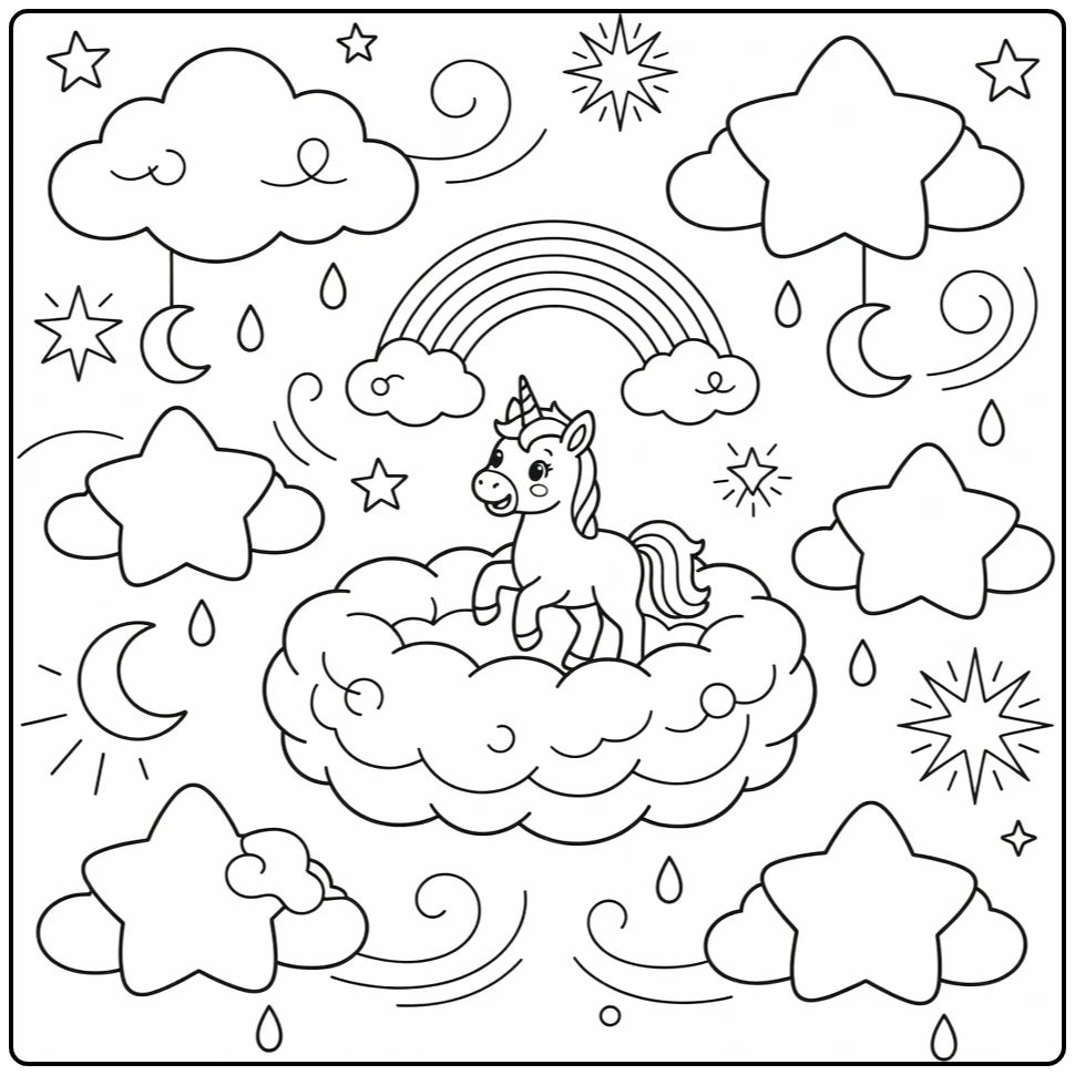 rainbow baby unicorn coloring page: foal catches rainbow ring