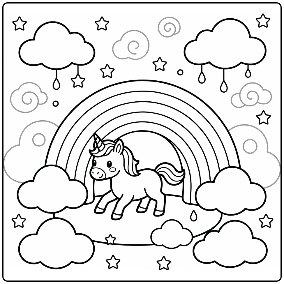 Rainbow baby unicorn coloring page: foal peeks from tunnel (58 chars)