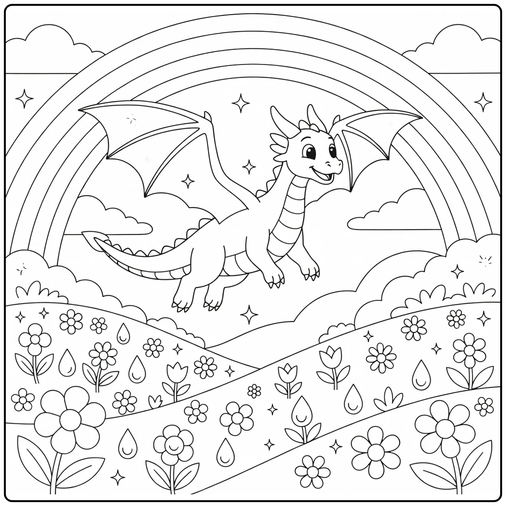 Rainbow dragon coloring page gliding on sky bridge