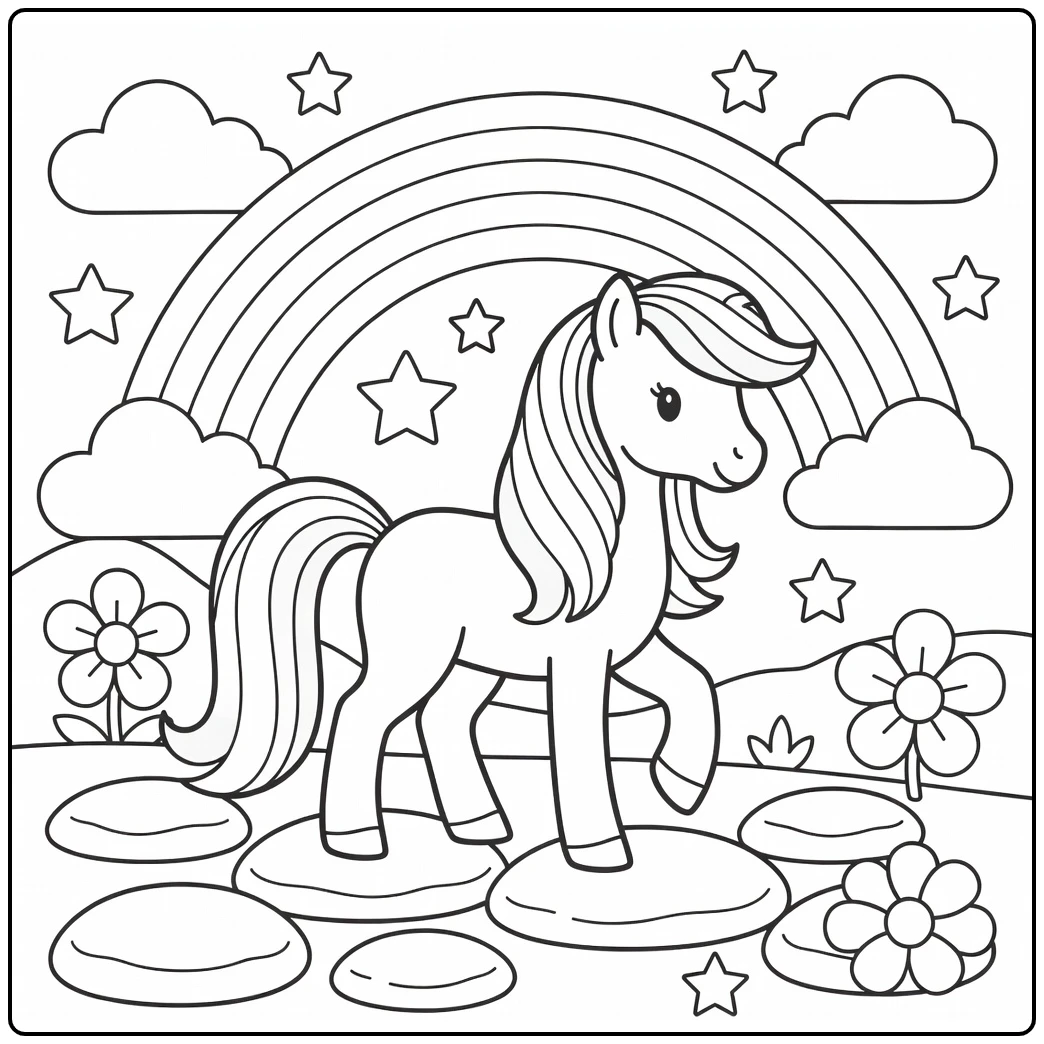 Rainbow pony coloring page on cloud stepping stones