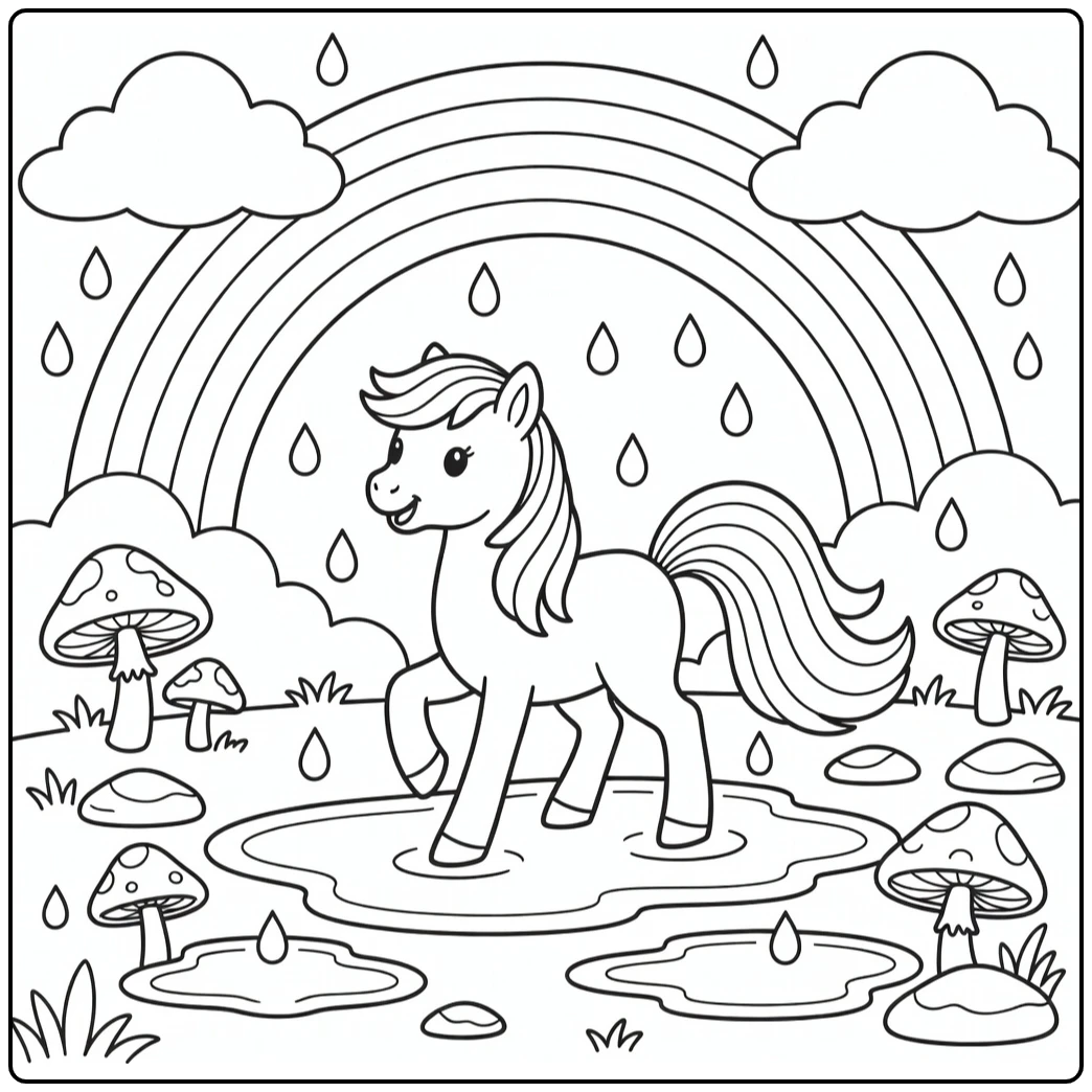 Rainbow pony coloring page with puddles and big rainbow