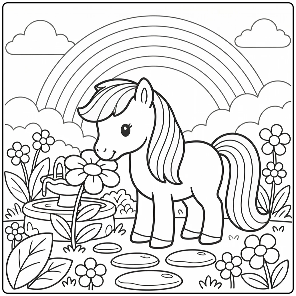 Rainbow pony coloring page with giant flower and fountain