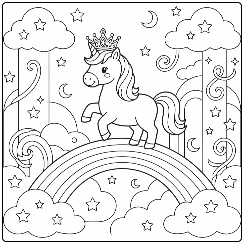 rainbow princess unicorn coloring page with tiara bridge