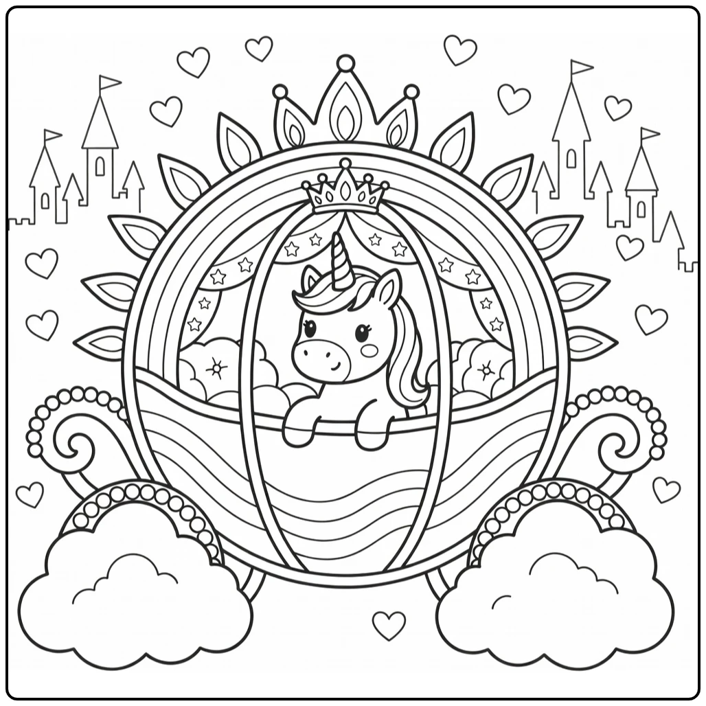 Rainbow princess unicorn coloring page: peeking from carriage