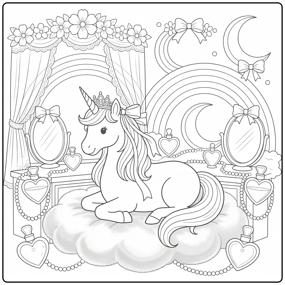 Rainbow princess unicorn coloring page in royal vanity