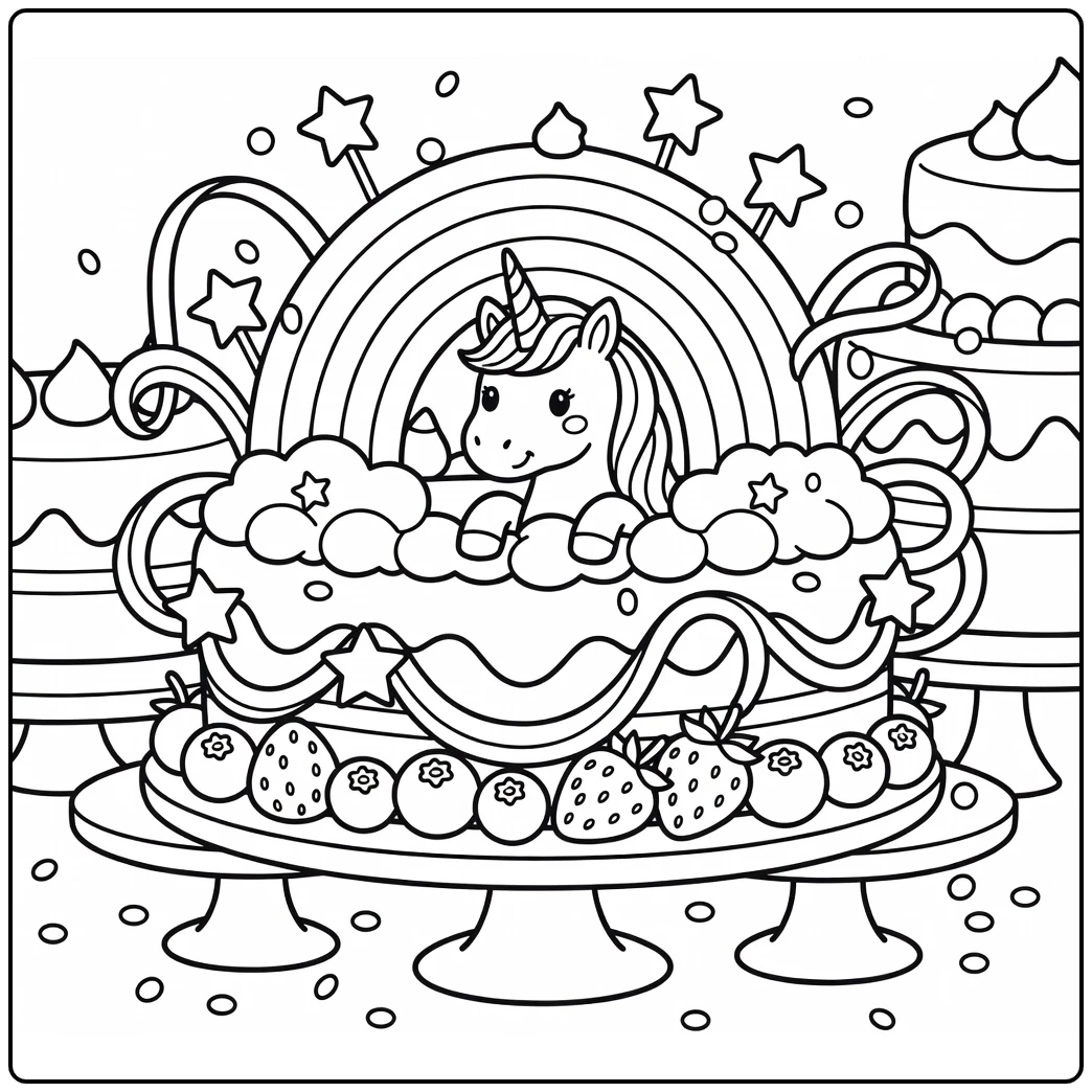 Rainbow unicorn cake coloring page, peeking head