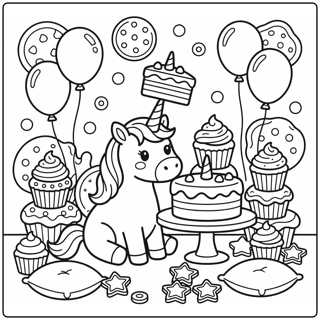 rainbow unicorn cake coloring page: cross-eyed unicorn balancing slice