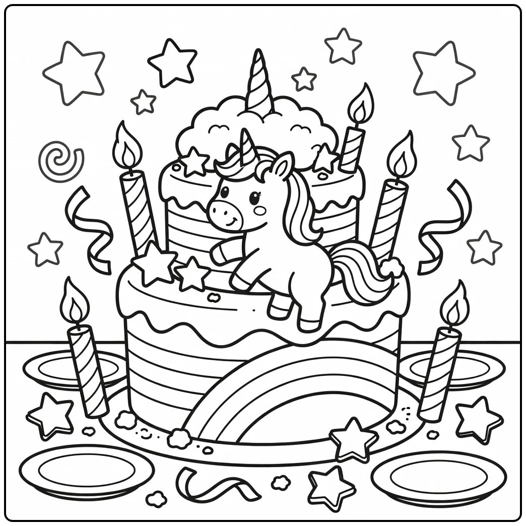 Rainbow unicorn cake coloring page: unicorn climbs from layered cake