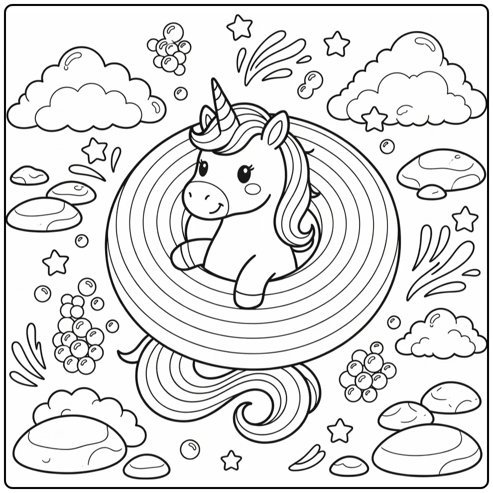 Rainbow unicorn coloring page in playful soap ring trap