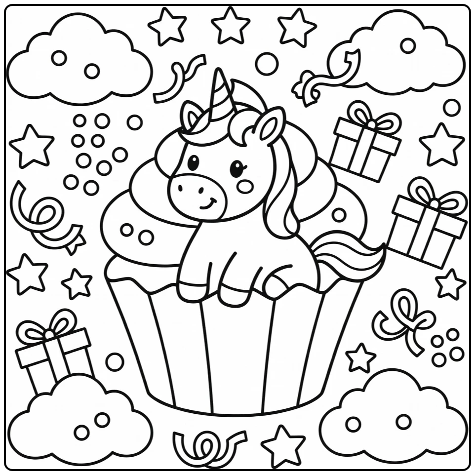 Rainbow unicorn coloring page: unicorn in giant cupcake