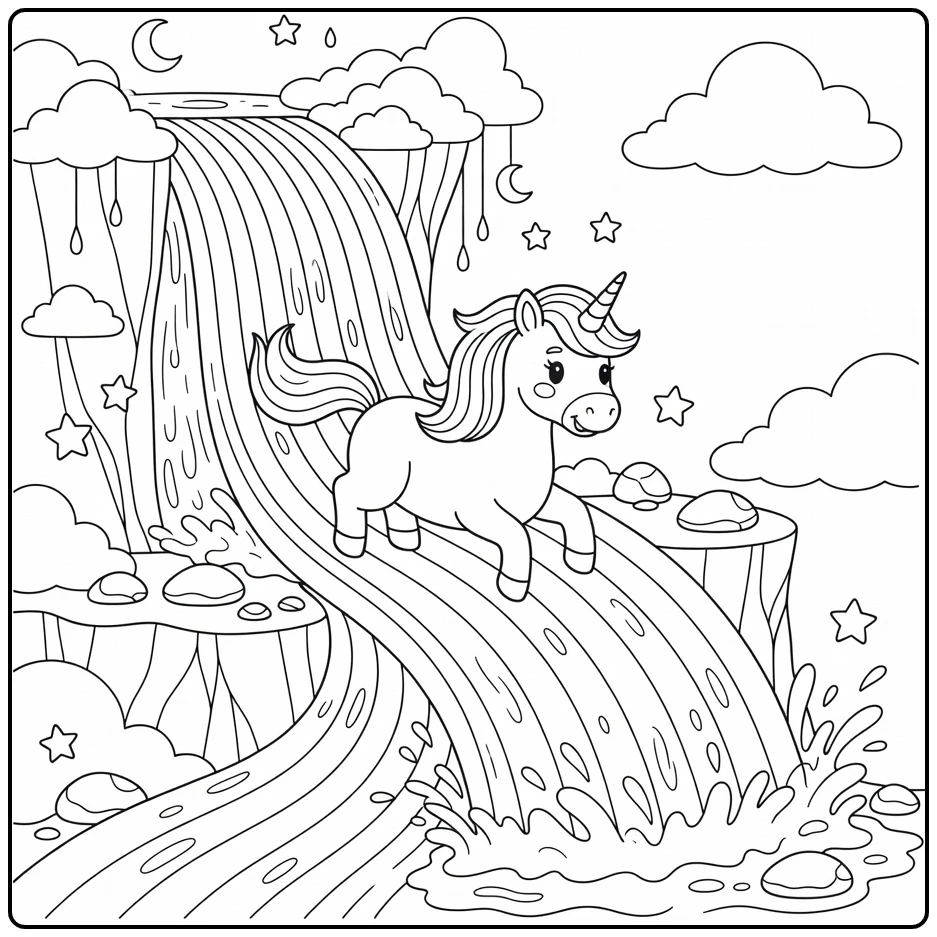 Rainbow unicorn coloring page: sliding down rainbow waterfall