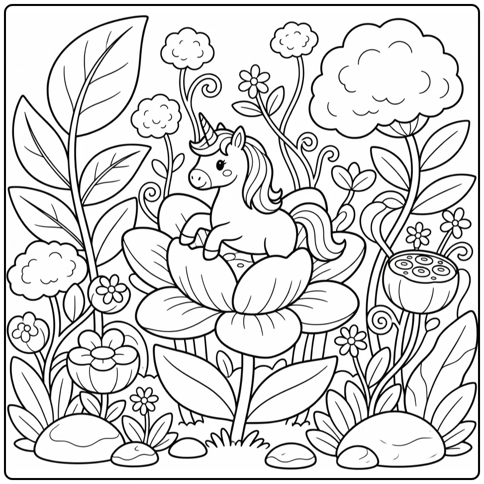 Rainbow unicorn coloring page: unicorn pops from giant flower