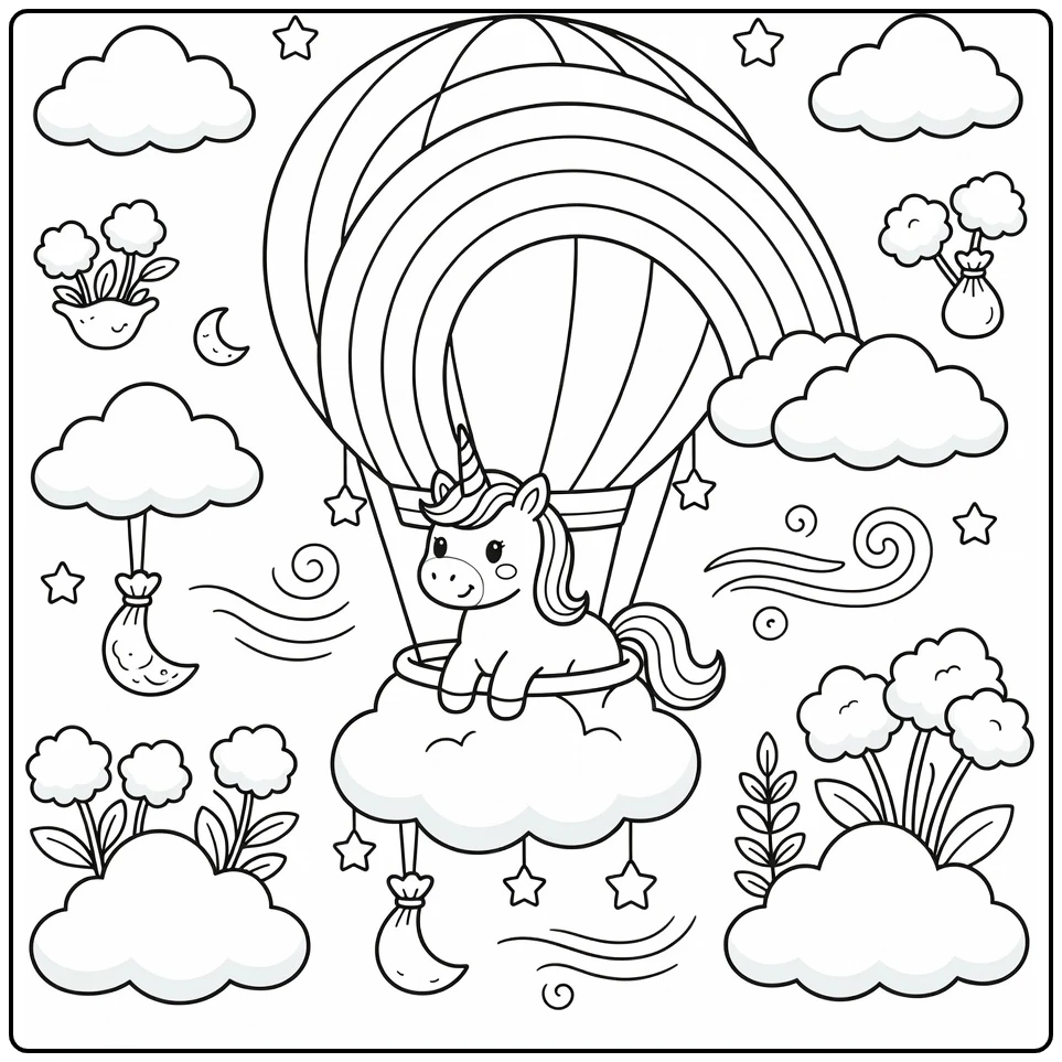 Rainbow unicorn coloring page: hot-air balloon sky adventure