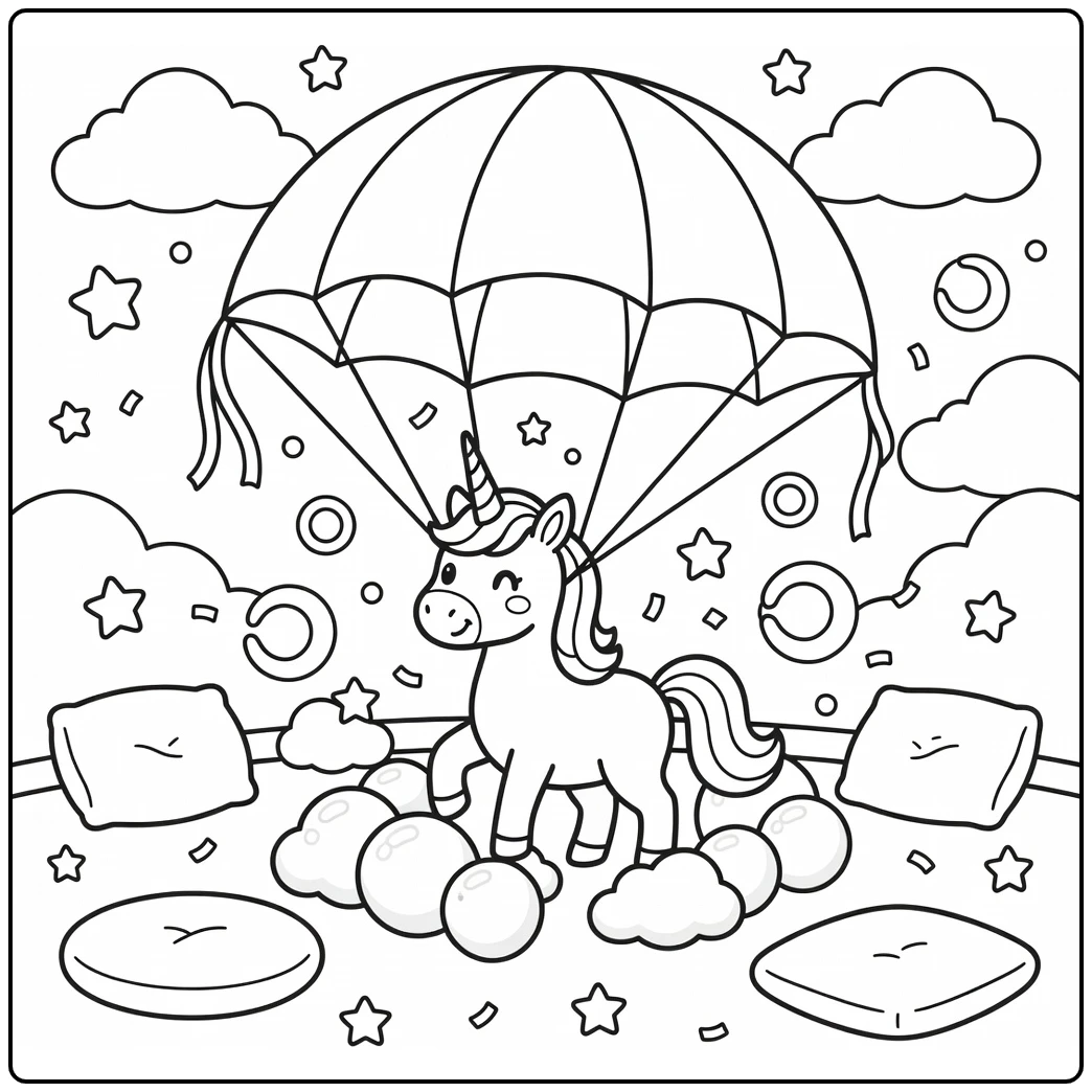 Rainbow unicorn coloring page lifting giant rainbow parachute