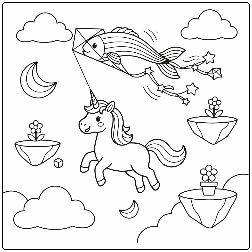 Rainbow unicorn coloring page guiding floating ribbon kite fish