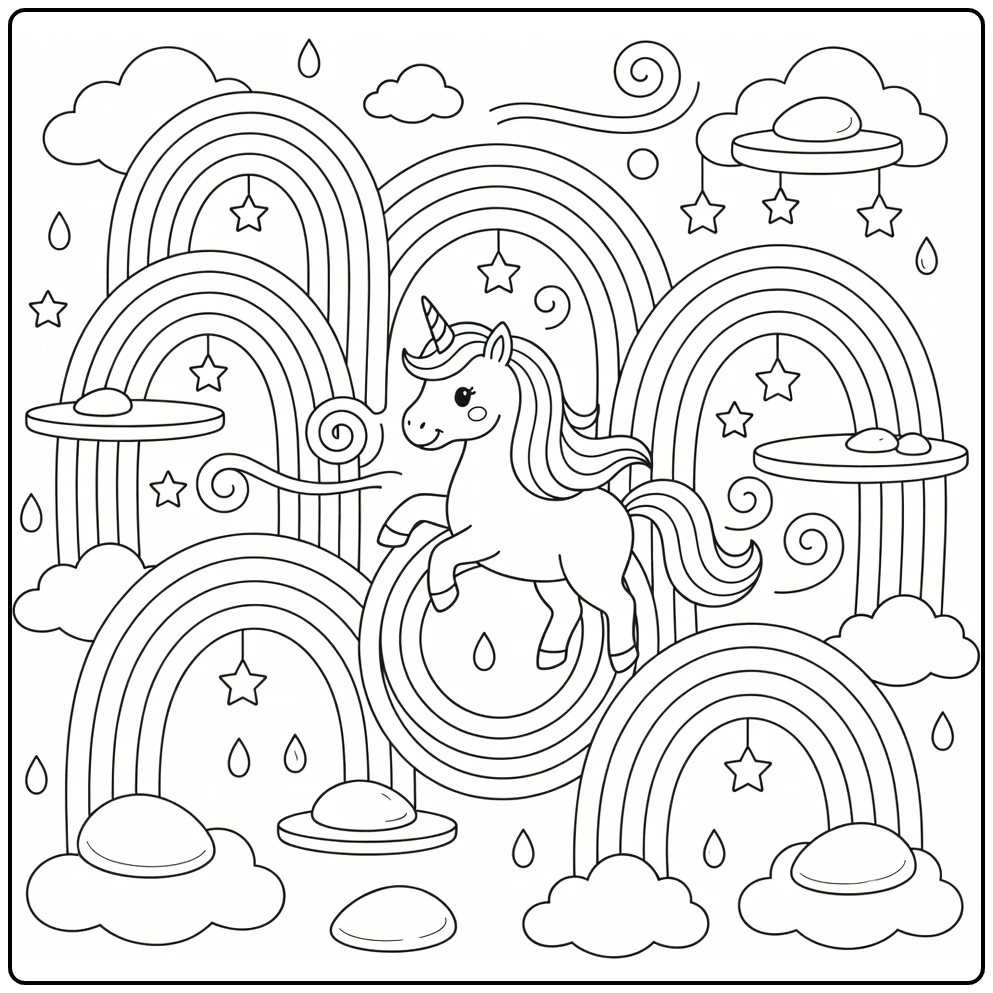 Playful rainbow unicorn coloring page in arch maze