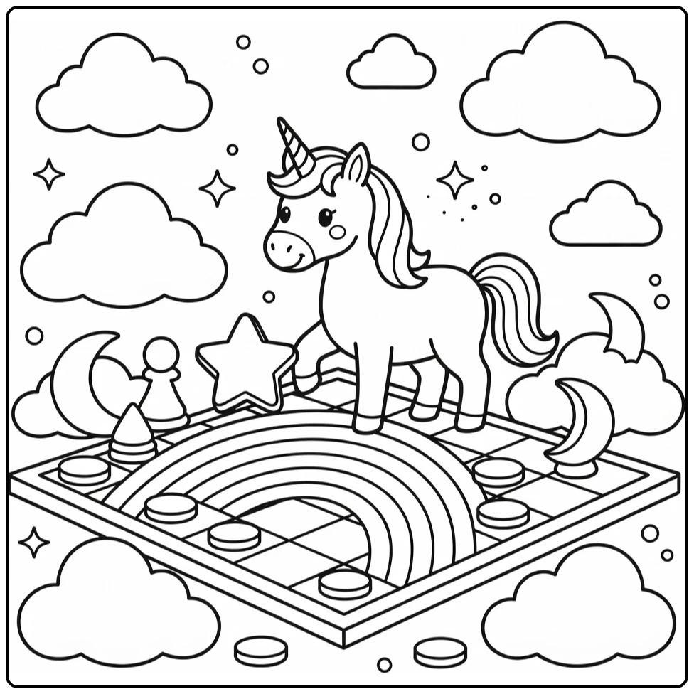 Rainbow unicorn coloring page on floating chessboard magic