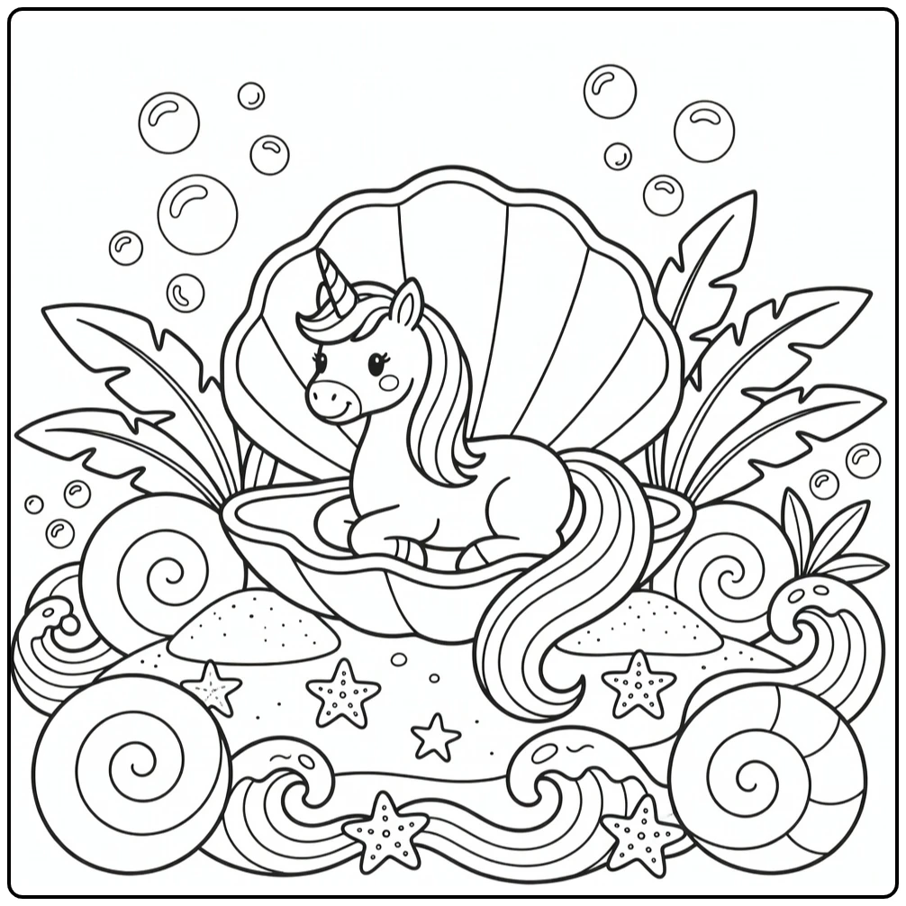 rainbow unicorn coloring page: unicorn in rainbow seashell