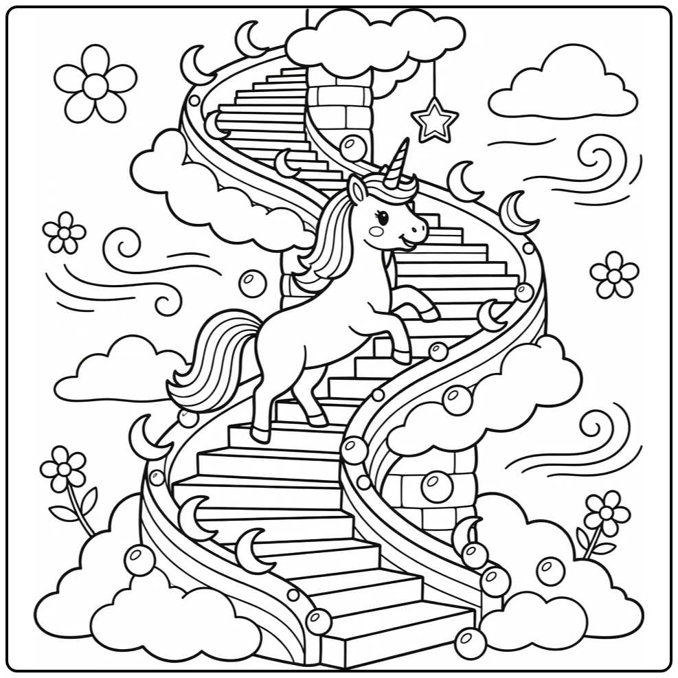 Rainbow unicorn coloring page climbing spiral cloud staircase