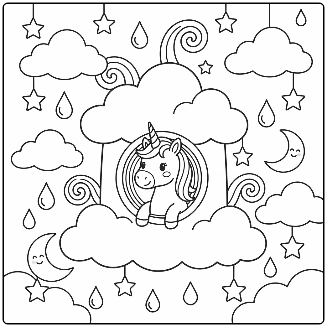 Rainbow unicorn coloring page: peeking through cloud tower window
