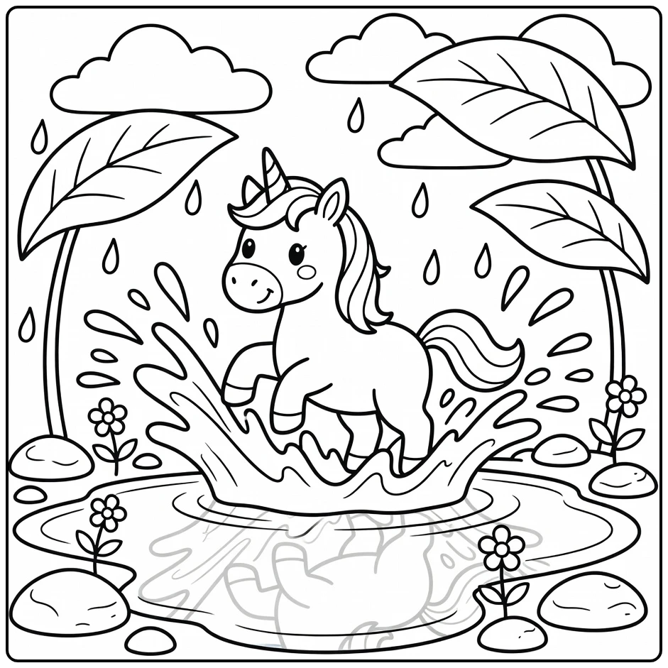Rainbow unicorn coloring page splashing in rainbow puddle