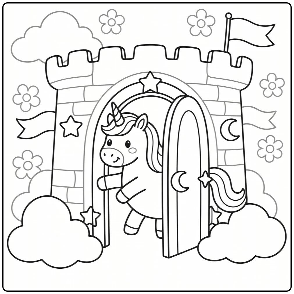 rainbow unicorn coloring page: unicorn stuck in rainbow door