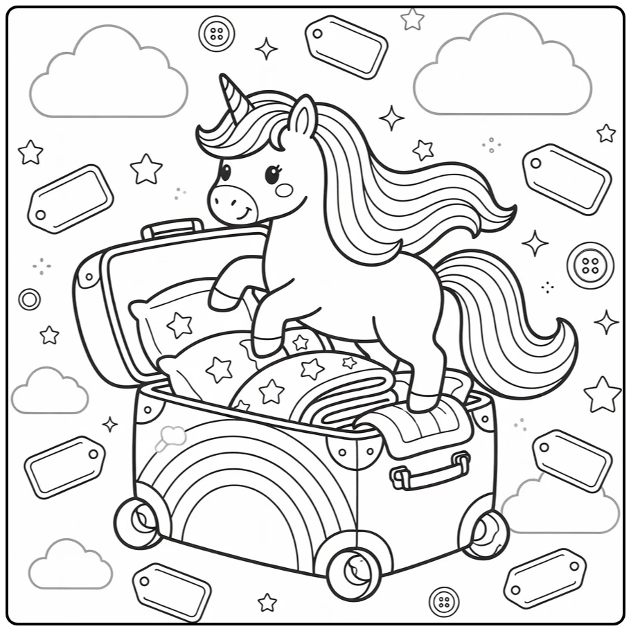 Rainbow unicorn coloring page: emerging from suitcase