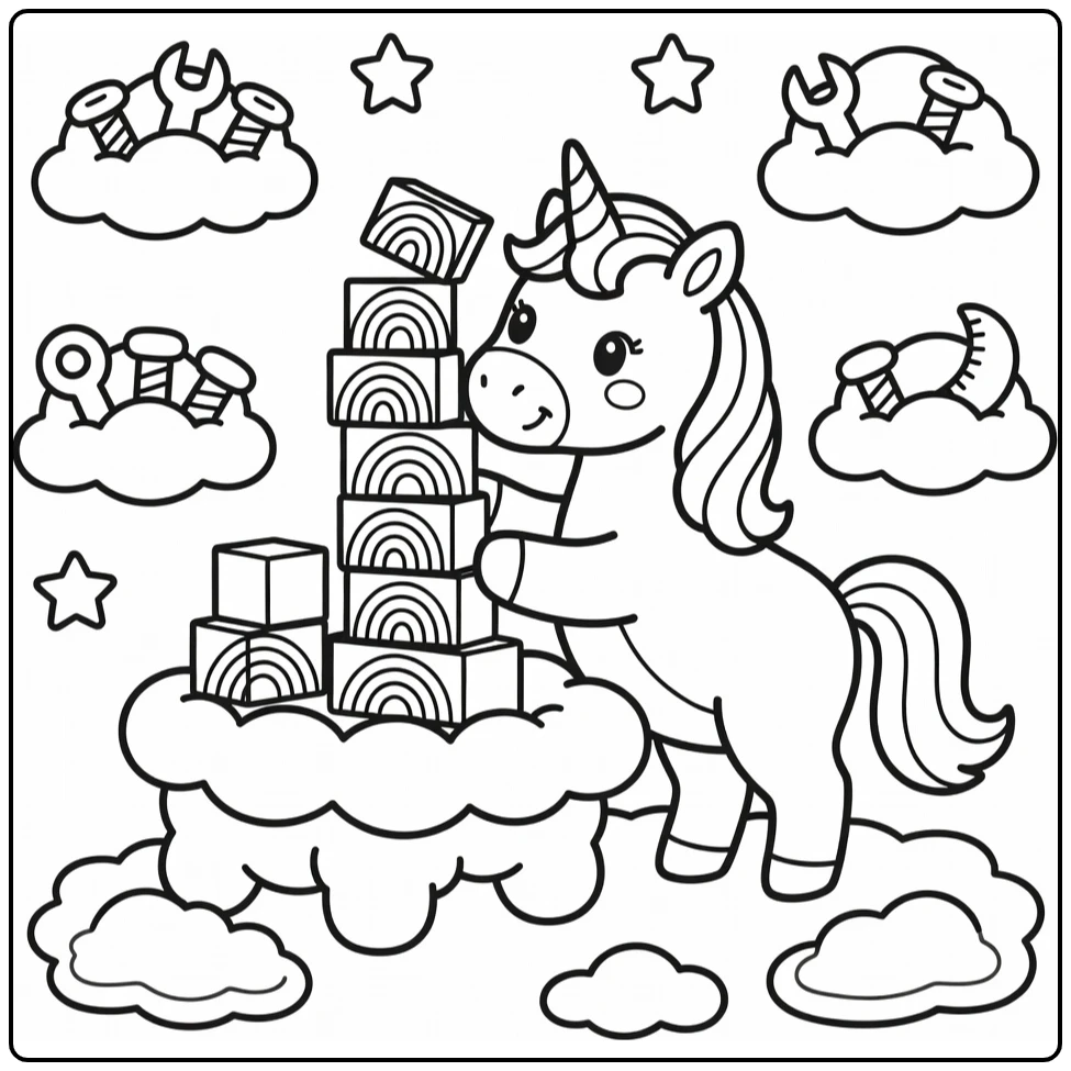 Rainbow unicorn coloring page: stacking wobbly rainbow blocks