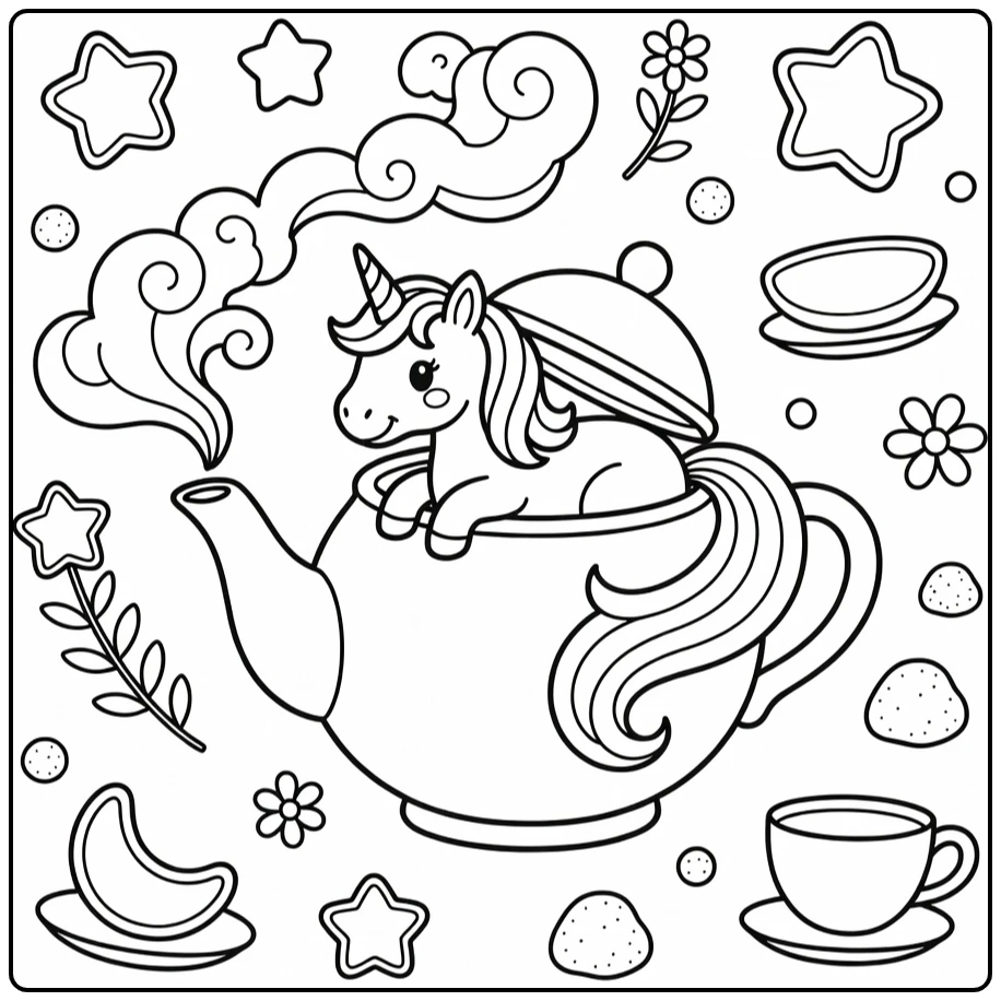 Rainbow unicorn coloring page: unicorn in teapot tea party