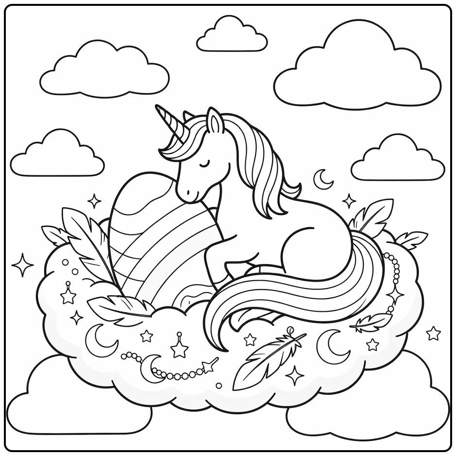 Rainbow unicorn coloring page curled around rainbow egg nest