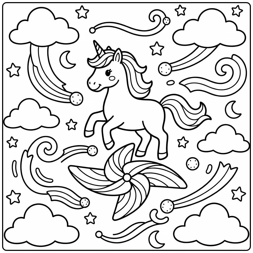 Rainbow unicorn coloring page: balancing on giant spinning pinwheel