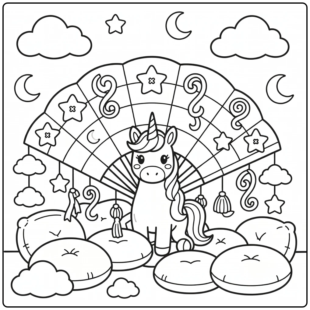 Rainbow unicorn coloring page: peekaboo behind giant fan