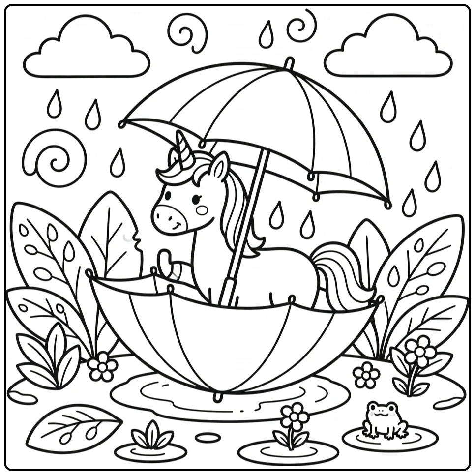 Rainbow unicorn coloring page: unicorn in overturned umbrella, puddles, frogs