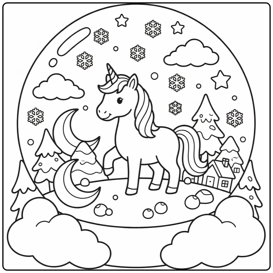 Rainbow unicorn coloring page in giant snow globe