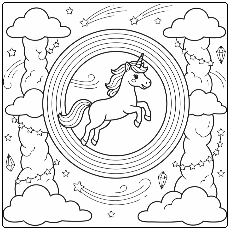 Rainbow unicorn coloring page jumping through giant rainbow ring