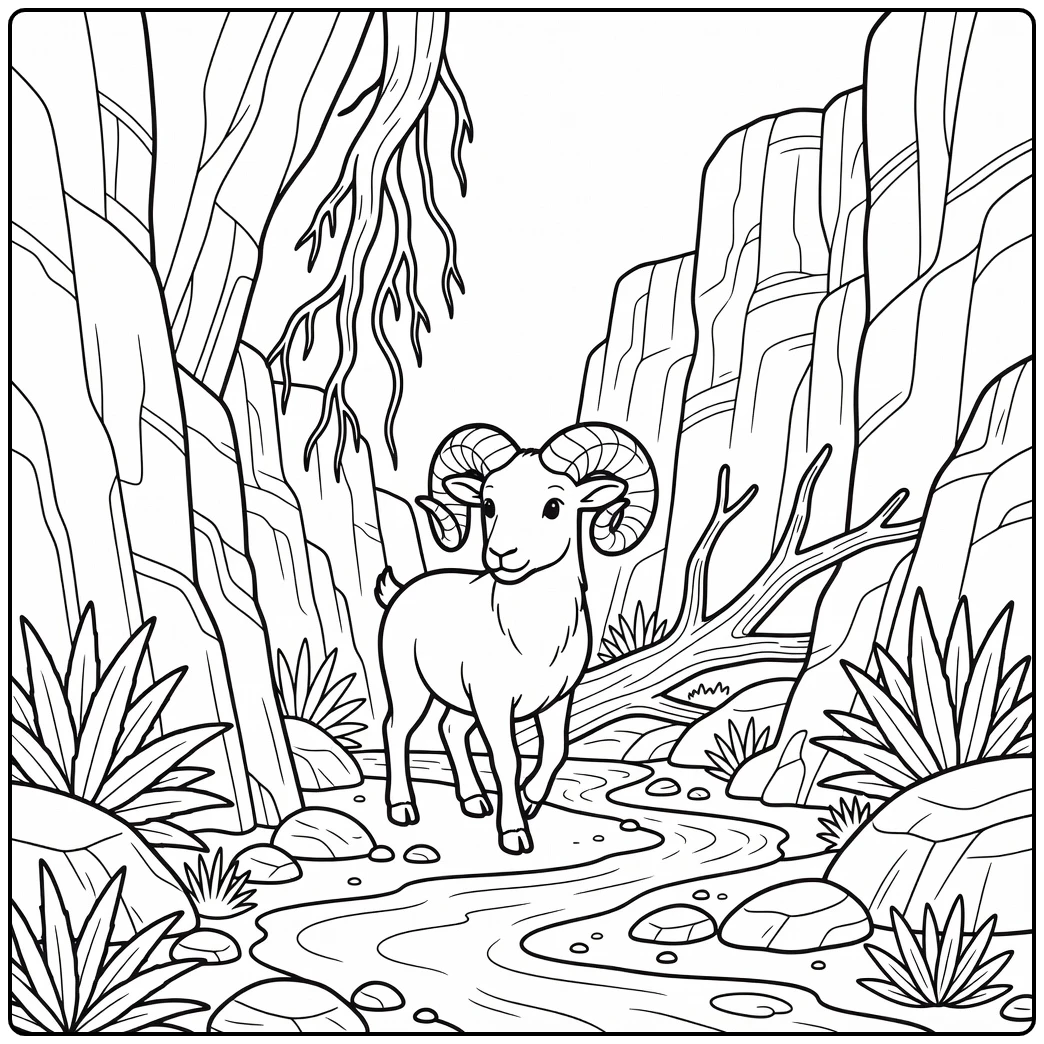 ram coloring page of ram in canyon turning to vine