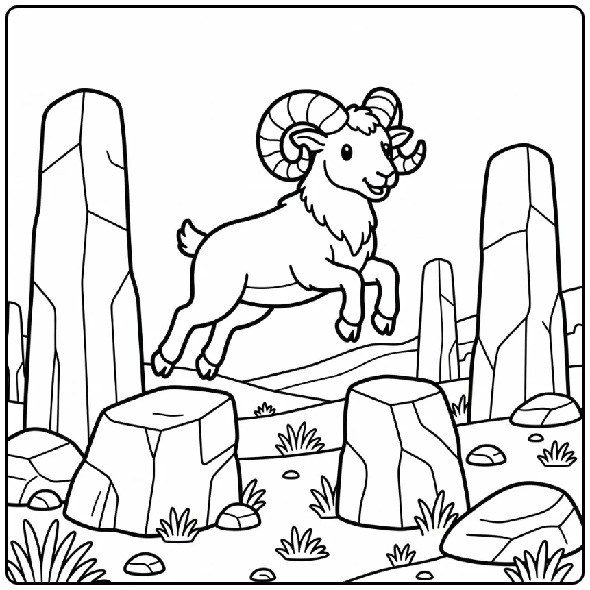 Ram coloring page of leaping ram on basalt columns