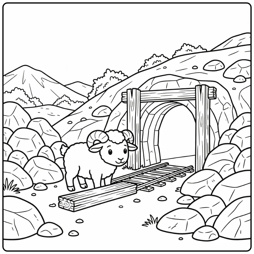 Ram coloring page at abandoned mountain mine entrance
