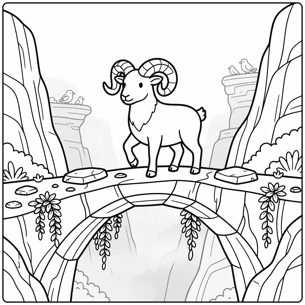 Ram coloring page with ram on rock arch above misty gorge