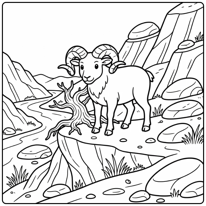 Ram coloring page with sturdy ram on steep cliff