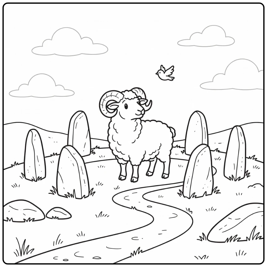 Ram coloring page featuring ancient stone circle on hill