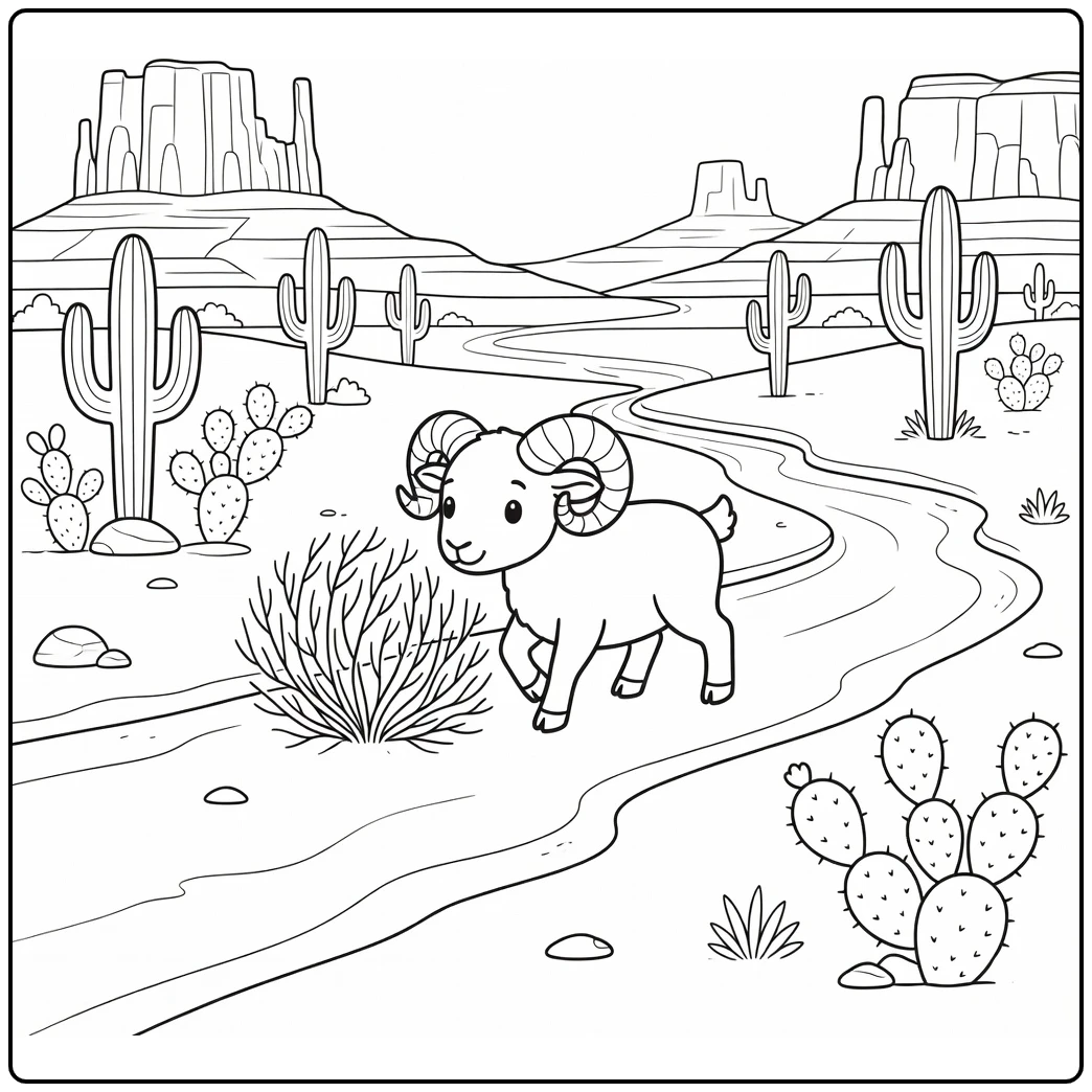 Ram coloring page of ram pushing tumbleweed in desert