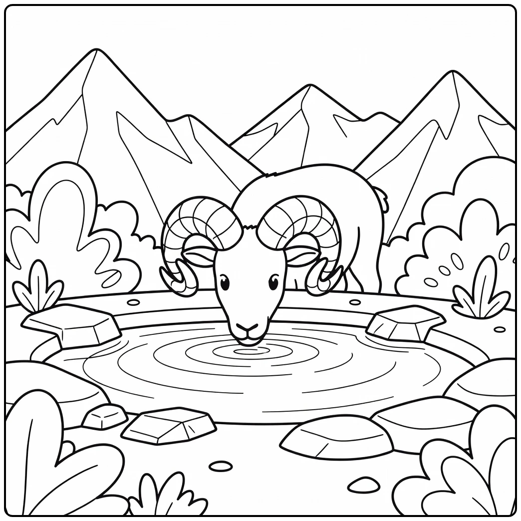 Ram coloring page of ram by shallow alpine pool with peaks
